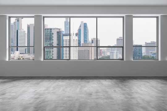 Downtown Kuala Lumpur City Skyline Buildings from High Rise Window. Beautiful Expensive Real Estate overlooking. Empty room Interior Skyscrapers View Malaysia. Day time. 3d rendering.