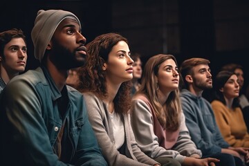 Active diverse multiracial male female audience. Side profile view mixed race multiethnic men and women sitting in row raising up hands to ask coach question after engaging talk, session, master class - obrazy, fototapety, plakaty