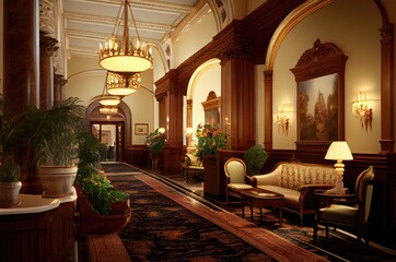 Fototapeta na wymiar Hungarian Style Luxury Hotel Lobby Backdrop Generative AI