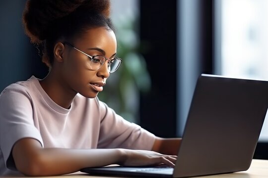 African Girl School Student E Learning Distance Training Course Study Work At Home Office. Ethnic Young Woman Watching Online Education Webinar Using Laptop. Over Shoulder Close Up Mock Up Screen View