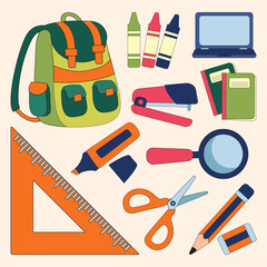 Set of School Stationery Simple Flat-Lined Illustration