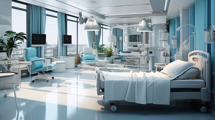 Hospital room with beds in a modern hospital.hospital room with comfortable bed and view of the city.