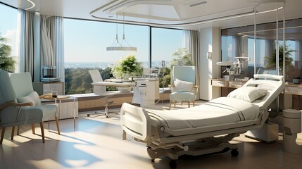 Fototapeta na wymiar Luxury hospital room with nature view.Hospital room with beds in a modern hospital.