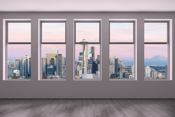 Empty room Interior Skyscrapers View. Cityscape Downtown Seattle City Skyline Buildings from High Rise Window. Beautiful Real Estate. Sunset. 3d rendering.