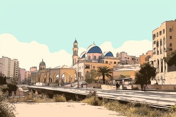 Naklejka premium bustling cityscape with a train travelling on its tracks through the urban landscape. Generative AI