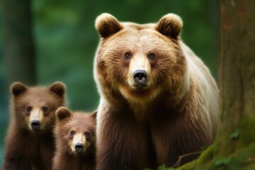 mother brown bear with her two cubs in a lush forest