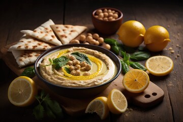 delicious bowl of homemade hummus served with fresh lemon wedges and warm pita bread. Generative AI