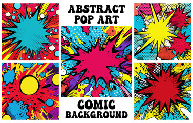 Abstract pop art background template illustration set, Comics pop art backgrounds vector bundle