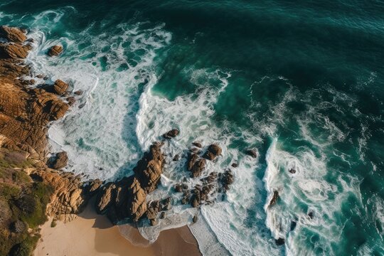 Overhead photo of crashing waves on the shoreline. Tropical beach surf. Abstract aerial ocean view. Generative AI technology.