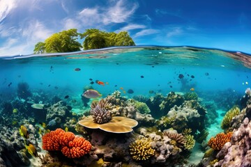 Naklejka na ściany i meble Breathtaking view of a vibrant coral reef teeming with marine life, generative ai
