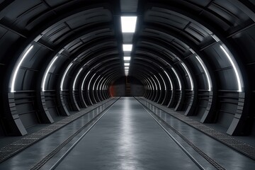 Dark Futuristic Modern Garage Showroom Tunnel Corridor. Entrance 3D Render.