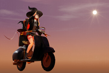 3D Illustration , witch with  jack-o'-lanterns  riding scooter