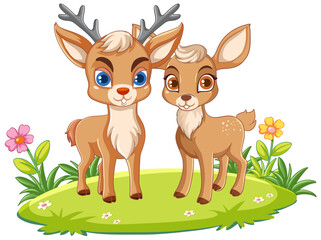 Mother Deer and Baby in Cartoon Style
