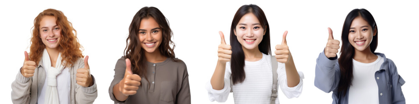 set of four college girl giving a thumbs-up gesture