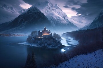 majestic castle situated on an island in a breathtaking mountainous lake view. Generative AI