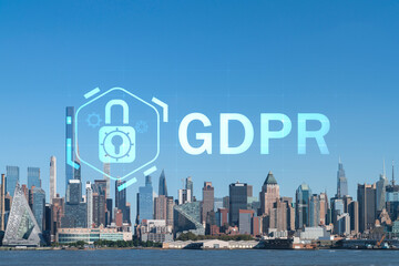 New York City skyline from New Jersey over the Hudson River towards Midtown Manhattan at day time. GDPR hologram, concept of data protection, regulation and privacy for all individuals