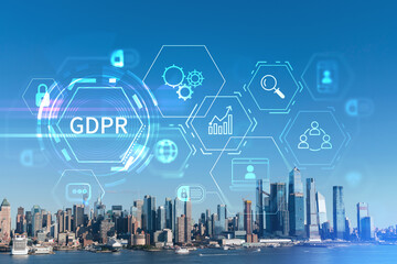 New York City skyline from New Jersey over the Hudson River towards the Hudson Yards at day. Manhattan, Midtown. GDPR hologram, concept of data protection, regulation and privacy for all individuals