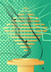 Abstract black, turquoise and gold mockup product display. Minimal geometric forms stage showcase. Vector cylinder pedestal podium for presentation.