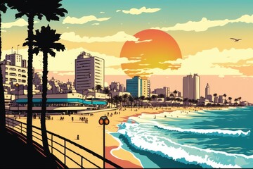 Fototapeta premium serene beach with a bustling cityscape in the distance. Generative AI