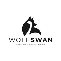 Naklejka premium wolf swan negative space logo