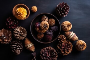 Obraz na płótnie Canvas variety of pine cones collected in a bowl. Generative AI