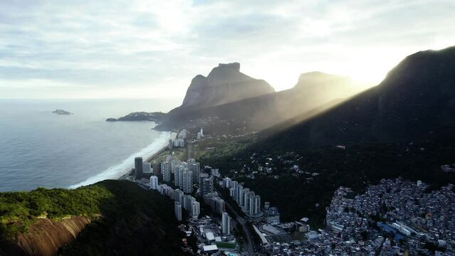 Aerial overview of the São Conrado area from the Don Irmaos mountain, sunset in Rio de Janeiro, Brazil
