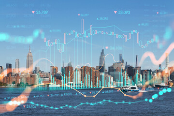 New York City skyline from Brooklyn, Williamsburg over the East River, Manhattan skyscrapers at day time, USA. Forex candlestick graph hologram. The concept of internet trading, brokerage, analysis