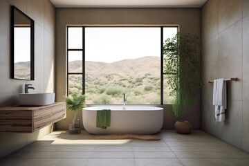 Fototapeta na wymiar modern bathroom with a large window and freestanding tub