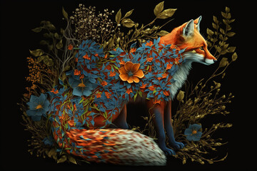 Image of a fox surrounded by colorful tropical flowers on a clean background. Wildlife Animals. Illustration, Generative AI.