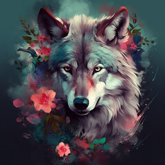 Naklejka premium Image of a wolf face surrounded by colorful tropical flowers. Wildlife animal. Illustration, Generative AI.