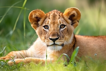 Fototapeta na wymiar Little lion cub resting on green pasture grass on summer. Wildlife Animals. Illustration. Generative AI.