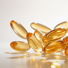 yellow fish oil capsules, omega 3, on white background - obrazy, fototapety, plakaty