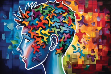 puzzle pieces in a child's head. the connection between dyslexia and the written word, showcasing the challenges and unique perspectives experienced by individuals with dyslexia.