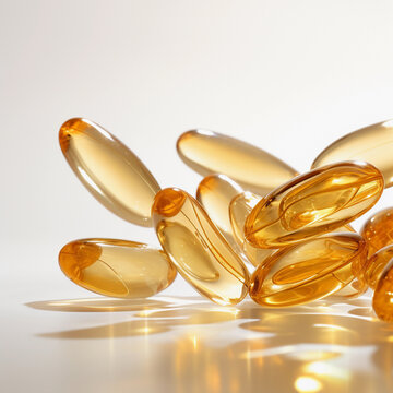 yellow fish oil capsules, omega 3, on white background
