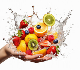 fruit splash in the hand on a white background.