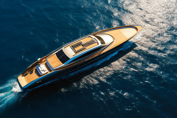 Aerial drone photo of luxury yacht cruise in mediterranean blue sea - obrazy, fototapety, plakaty