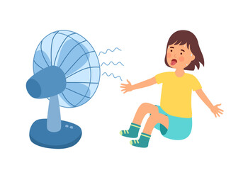 Girl child sitting in front of electric fan blowing in hot summer day vector on white background.