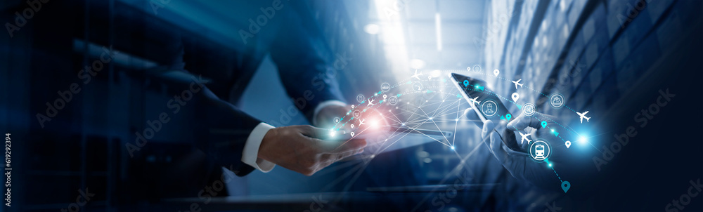 Aufkleber smart logistics, businessman touch and connected data of global logistics network distribution in la