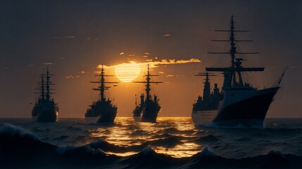A fleet of cargo ships, illuminated by the setting sun, sailing across a vast ocean.

