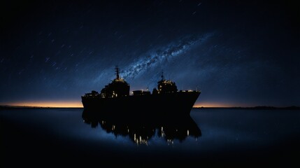A cargo ship, silhouetted against a starry night sky, with its lights reflecting off the calm waters.
