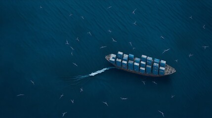 A cargo ship, surrounded by a flock of seagull
