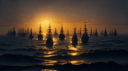 A fleet of cargo ships, illuminated by the setting sun, sailing across a vast ocean.