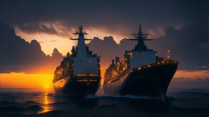 cargo ship, illuminated by a bright sunrise