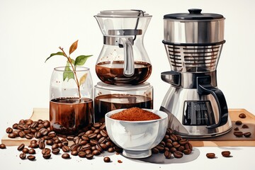 Coffee Watercolor on white background. Watercolor painting daily routine objects. Hand drawn colorful Sublimation design