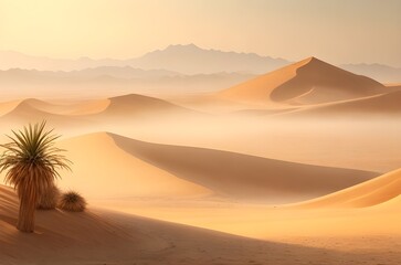 Fototapeta na wymiar Tranquil Desert View: Sandy Beige Backdrop with Dancing Sunlit Mist
