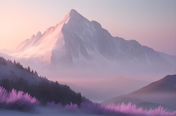Dreamy Mountain Scene in Pale Lavender Hue: Softly Illuminated by Rising Sun