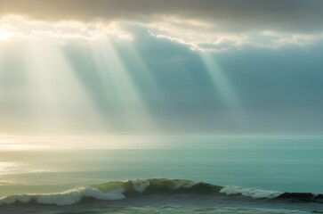 Misty Coastal View: Muted Seafoam Green Sky with Sun's Rays