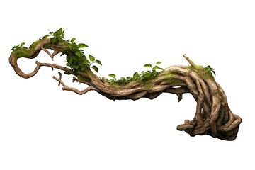 realistic twisted jungle branch with plant growing isolated on a white background - obrazy, fototapety, plakaty