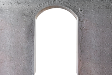 Open semicircular door in white brick wall