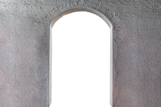 Open semicircular door in white brick wall
